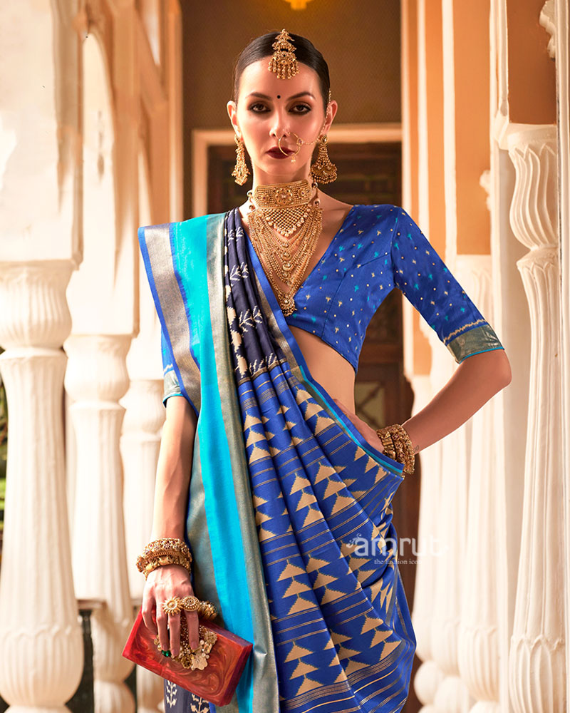 Deep Navy Blue Zari Embellished Borders Silk Saree with an Unstitched Blouse 02