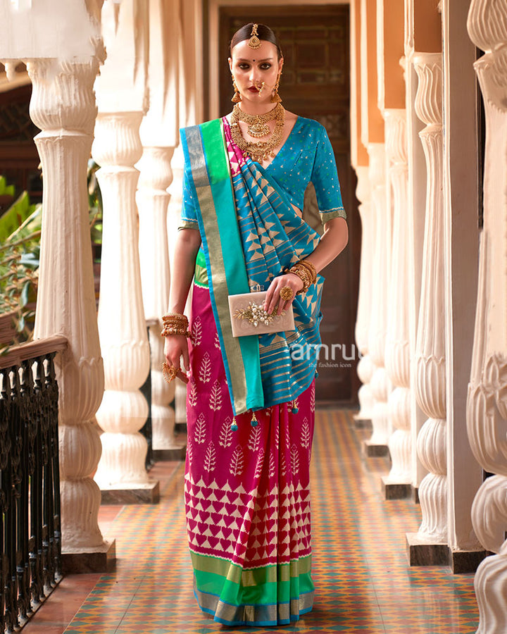 Deep Pink Zari Embellished Borders Silk Saree with Unstitched Blouse 01