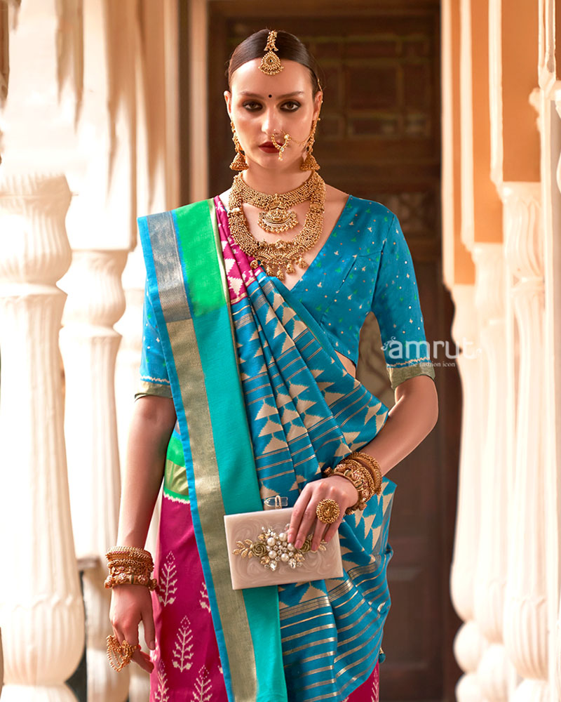 Deep Pink Zari Embellished Borders Silk Saree with Unstitched Blouse 02