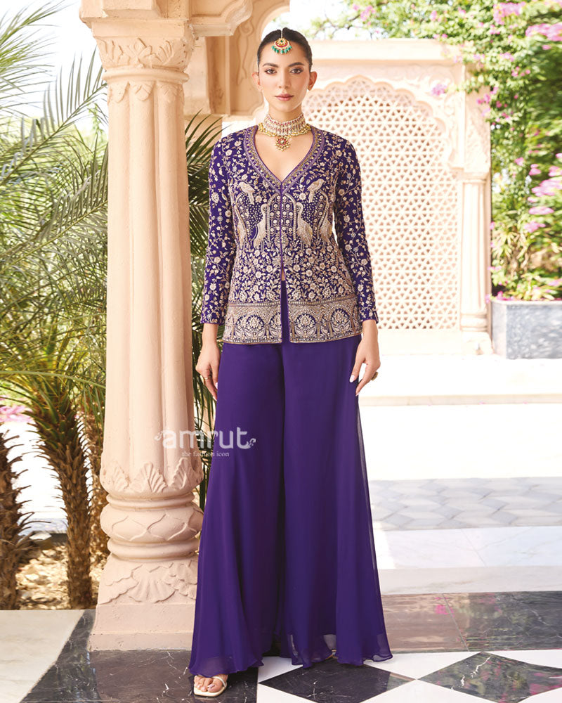 Deep Purple Embellished Georgette Palazzo Suit 01