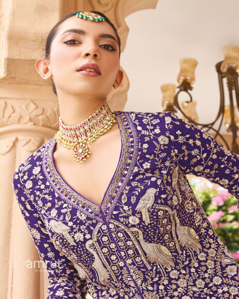 Deep Purple Embellished Georgette Palazzo Suit 02
