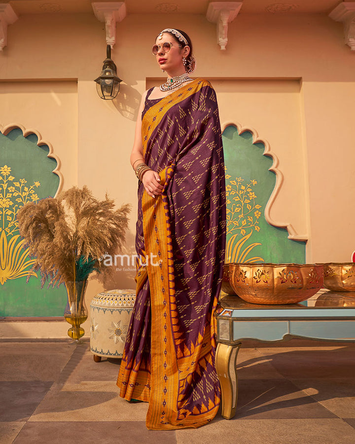 Deep Purple Ikat Printed  Saree with Contrast Yellow Border and Unstitched Blouse 01