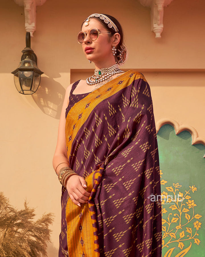 Deep Purple Ikat Printed  Saree with Contrast Yellow Border and Unstitched Blouse 02