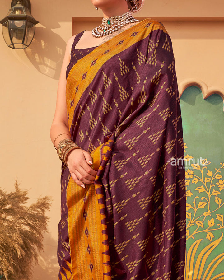 Deep Purple Ikat Printed  Saree with Contrast Yellow Border and Unstitched Blouse 03
