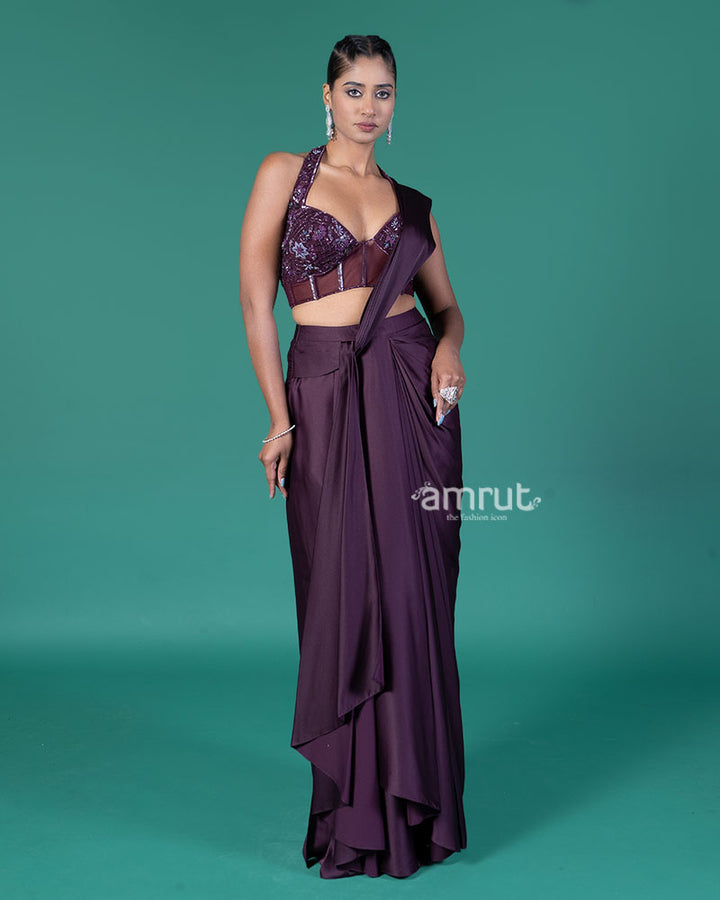 Deep Purple Ready-to-Wear Saree with Embellished Halter-Neck Blouse 01