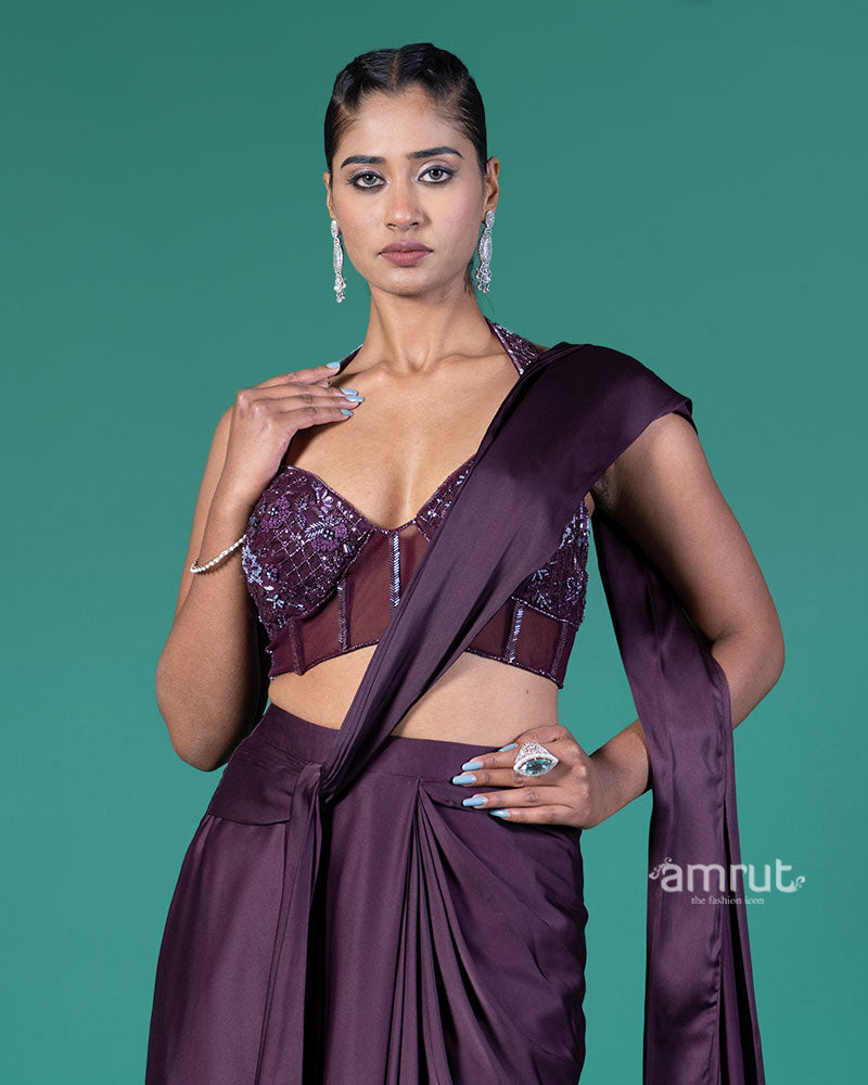 Deep Purple Ready-to-Wear Saree with Embellished Halter-Neck Blouse 02