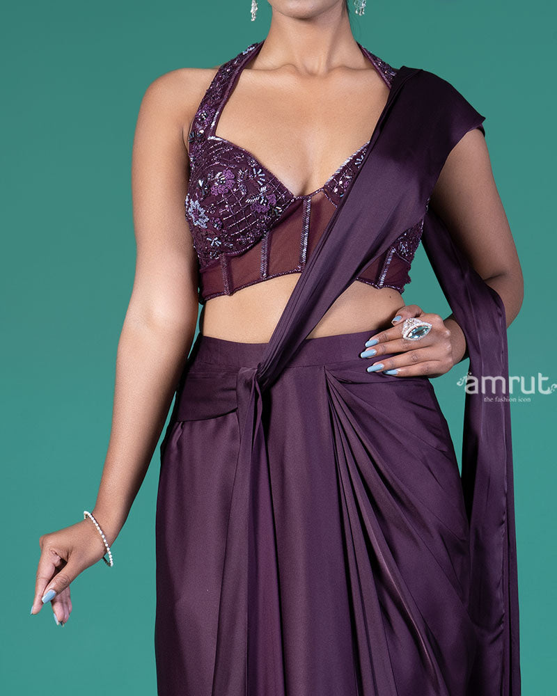 Deep Purple Ready-to-Wear Saree with Embellished Halter-Neck Blouse 03