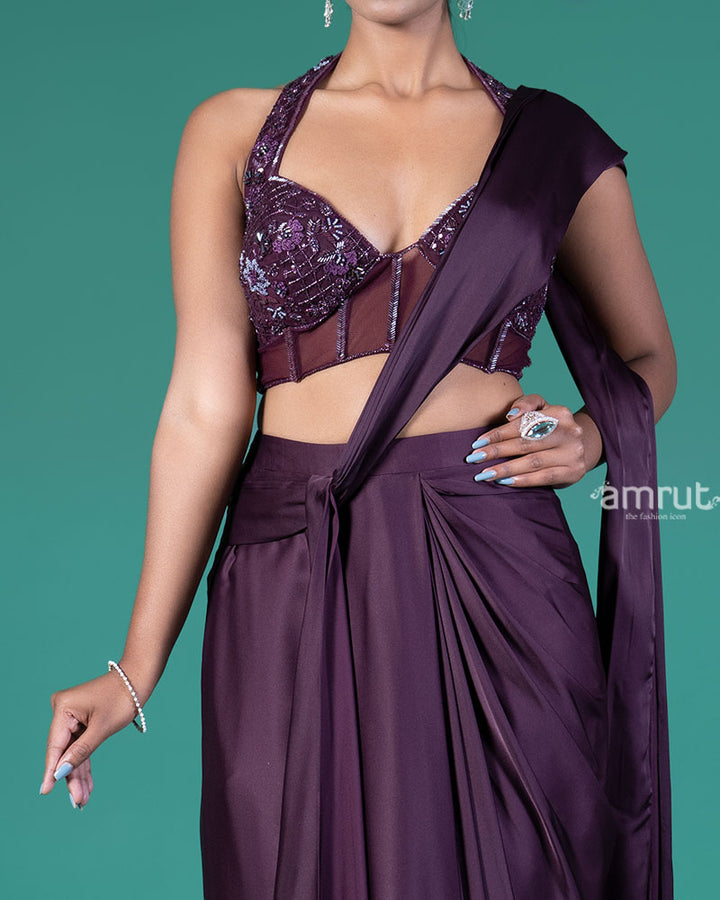 Deep Purple Ready-to-Wear Saree with Embellished Halter-Neck Blouse 03