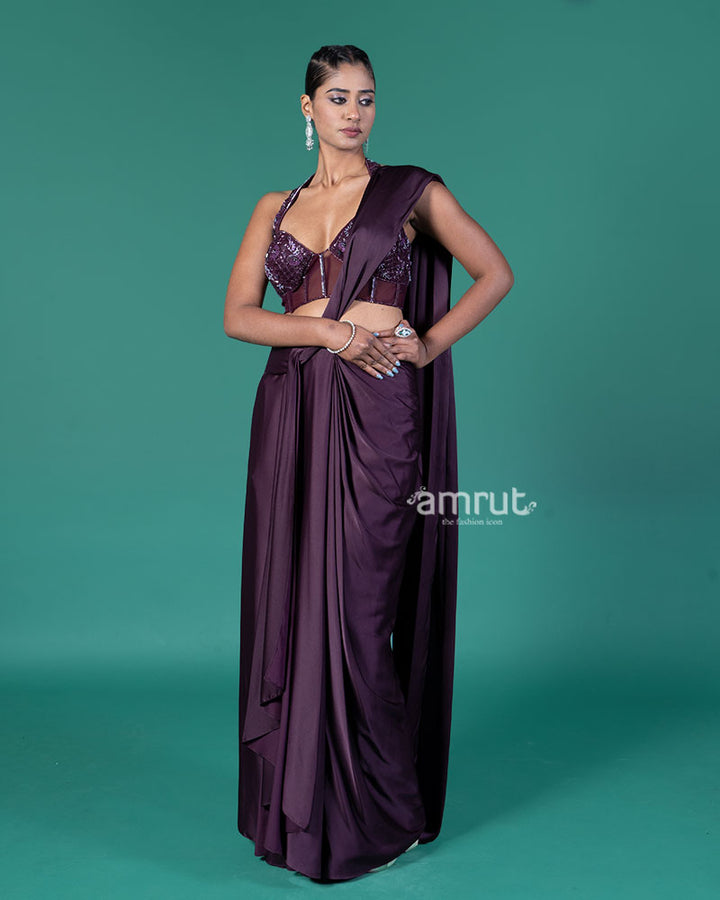 Deep Purple Ready-to-Wear Saree with Embellished Halter-Neck Blouse 04