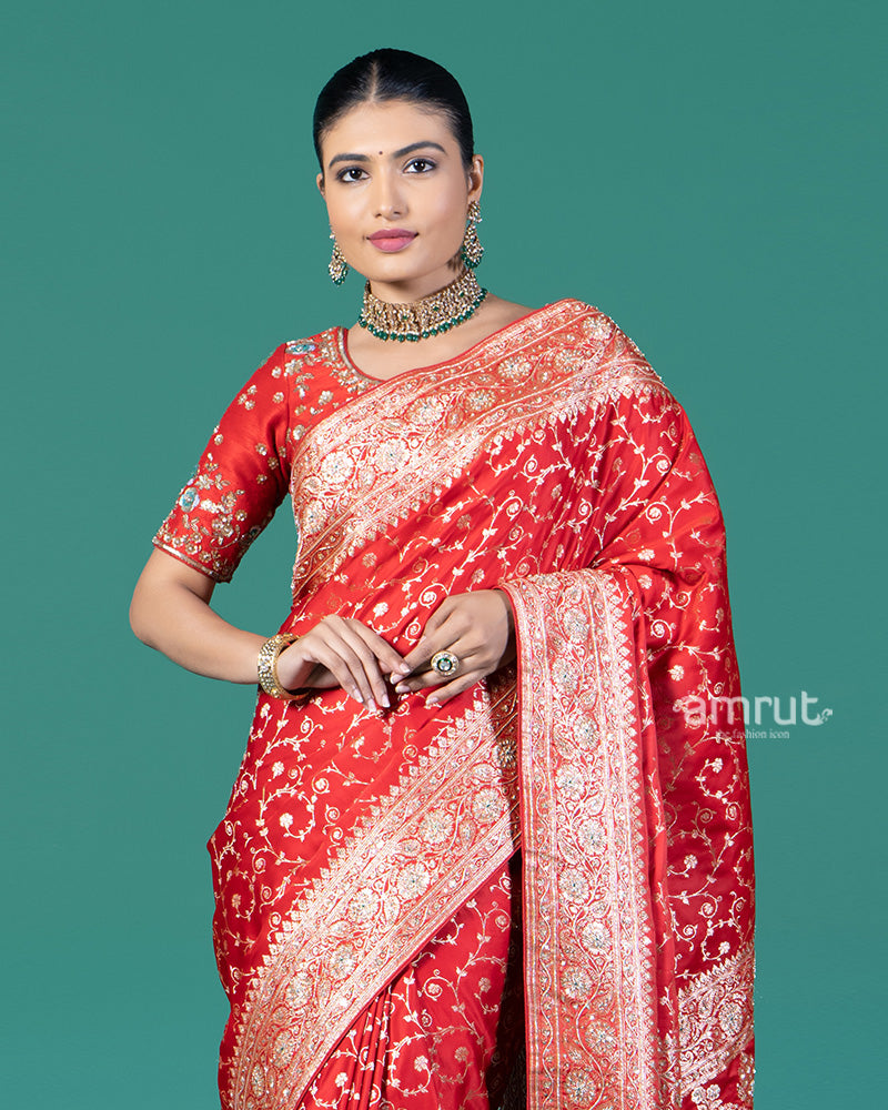 Deep Red Silk Saree with Traditional Floral Embroidery and Zari Work Borders 02
