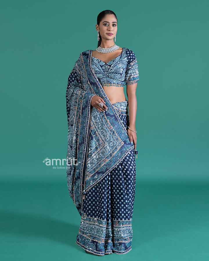 Deep Teal-Navy Blue Embellished Saree with Silver Embroidered Blouse  01