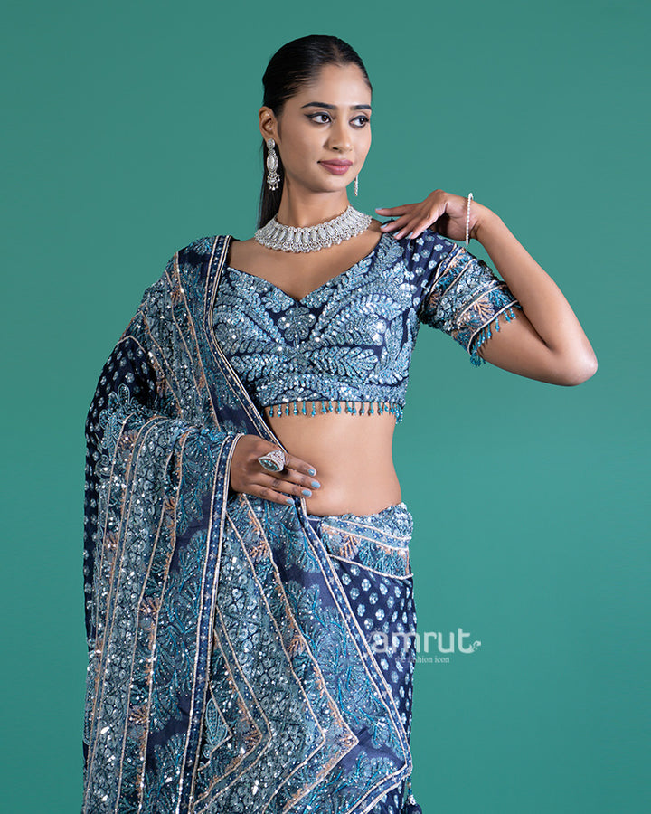 Deep Teal-Navy Blue Embellished Saree with Silver Embroidered Blouse  02