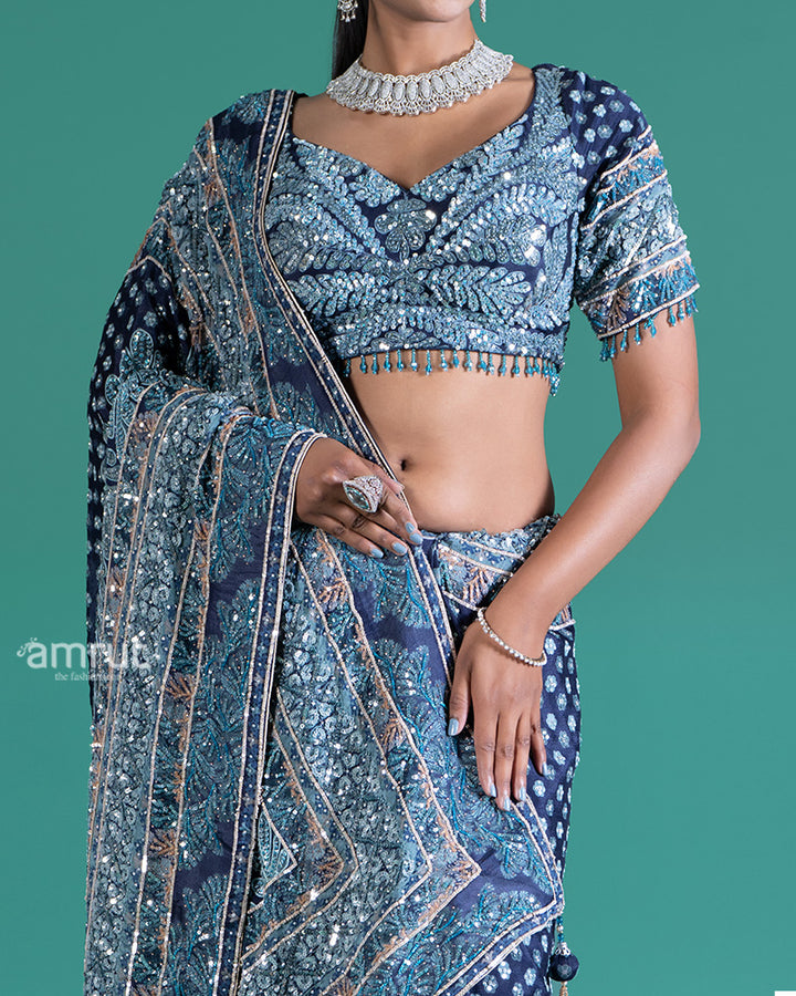 Deep Teal-Navy Blue Embellished Saree with Silver Embroidered Blouse  03