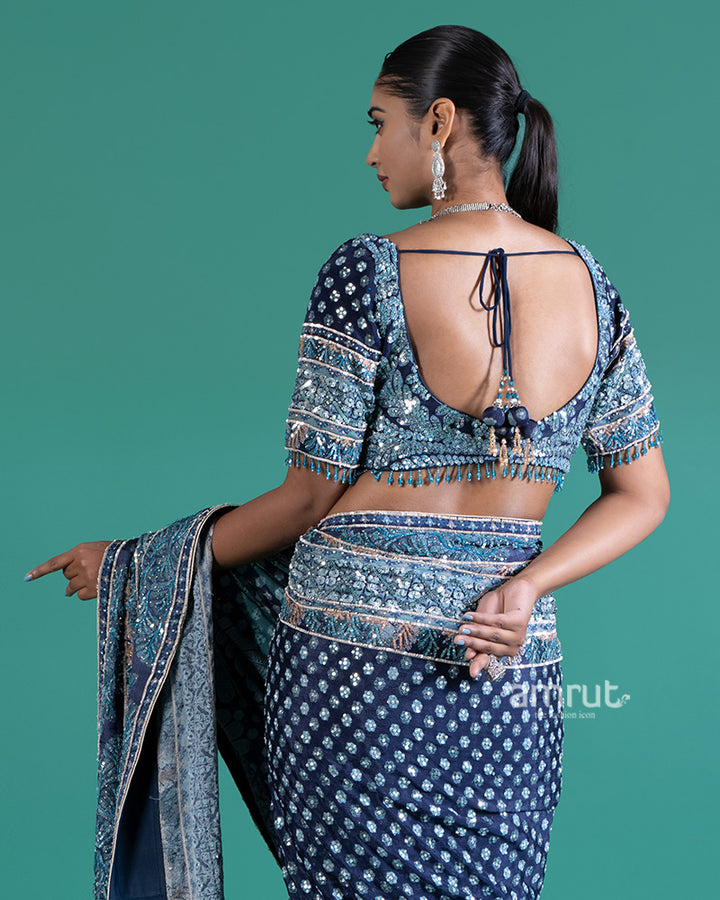 Deep Teal-Navy Blue Embellished Saree with Silver Embroidered Blouse 04