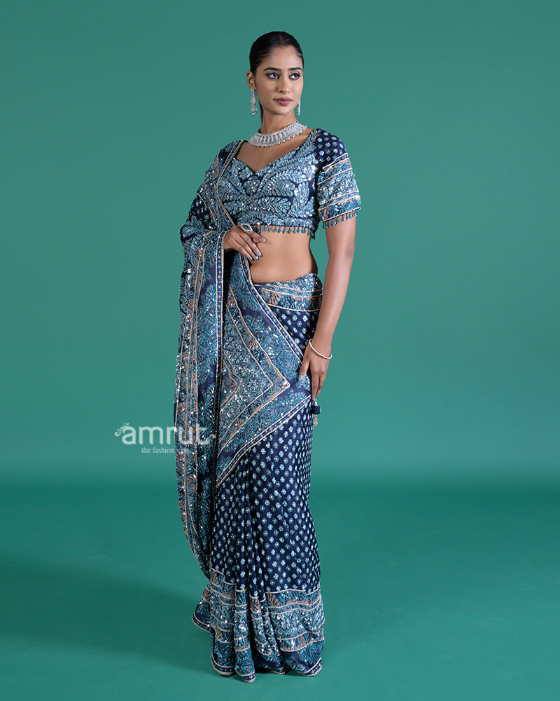 Deep Teal-Navy Blue Embellished Saree with Silver Embroidered Blouse  05