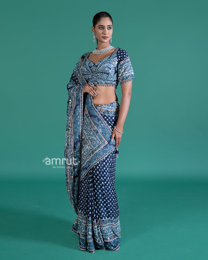Deep Teal-Navy Blue Embellished Saree with Silver Embroidered Blouse  05