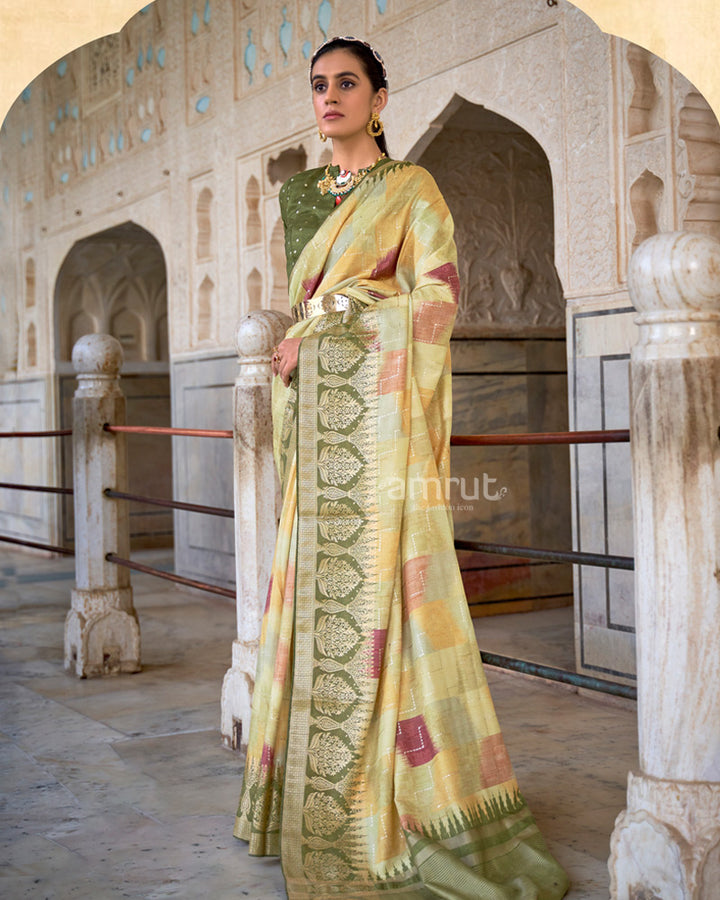 Desert Sand Digital Printed Silk Saree With Olive Green Zari Woven Border