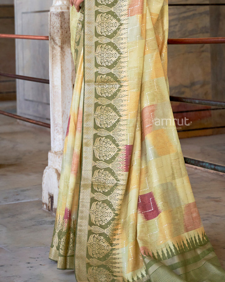 Desert Sand Digital Printed Silk Saree With Olive Green Zari Woven Border