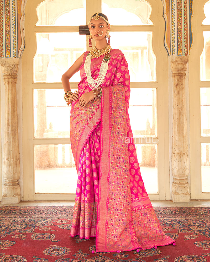 Dimer Pink Banarasi Saree with Print Work Art and Unstitched Blouse