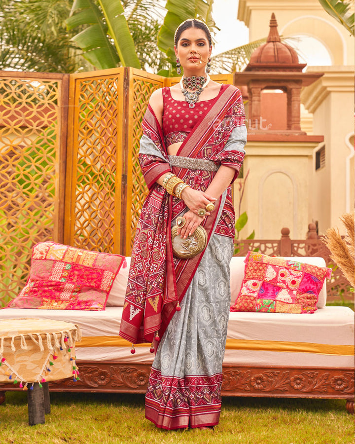 Dolphin Grey Silk Saree With Contrast Ikat Weave Printed Pallu