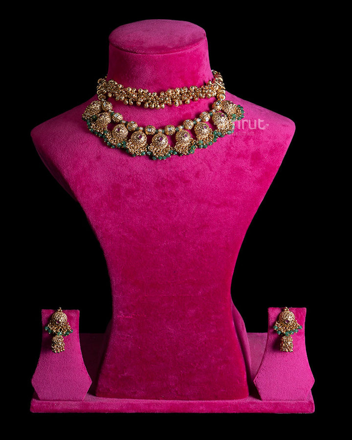Double Strand Gold Toned Necklace Set with Ruby Emerald Beads and Ornate Medallions 01