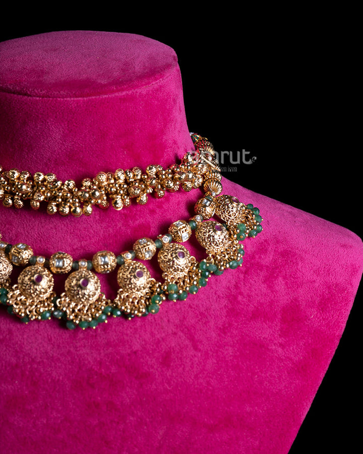Double Strand Gold Toned Necklace Set with Ruby Emerald Beads and Ornate Medallions 02
