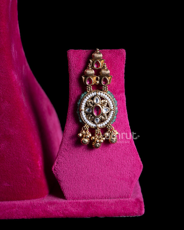 Double Strand Gold Toned Necklace Set with Ruby Emerald Beads and Ornate Medallions 03