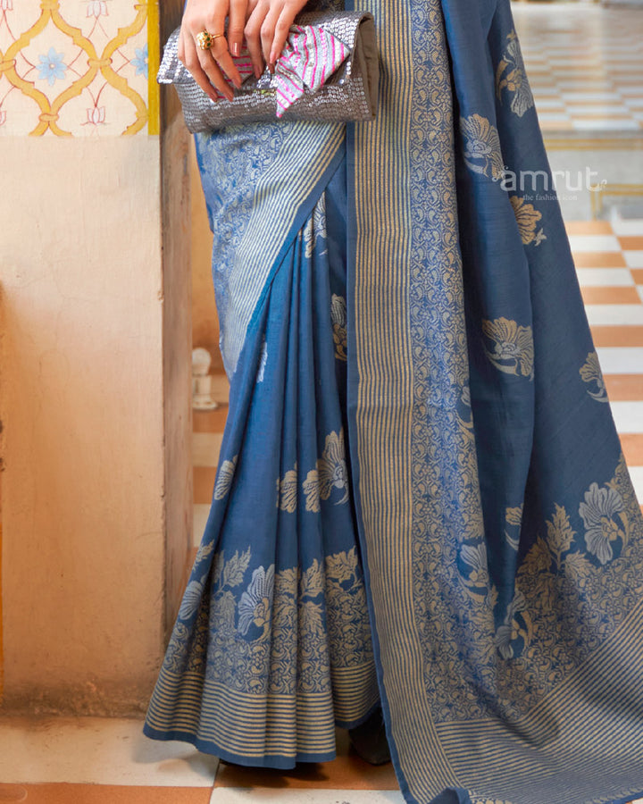 Dusky Blue Floral Printed Saree With Unstitched Blouse