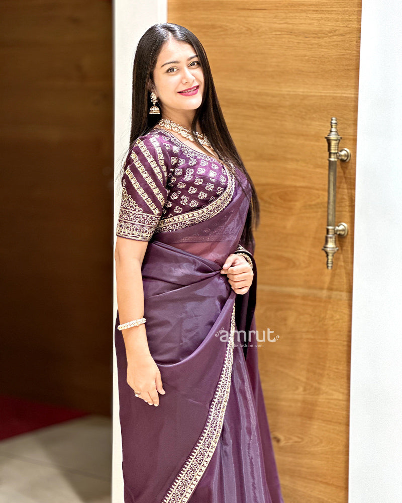 Dusky Purple Organza Saree With Embroidered Stitched Blouse