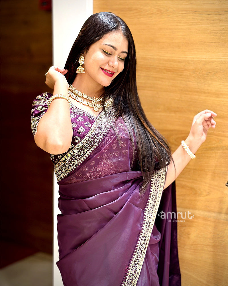 Dusky Purple Organza Saree With Embroidered Stitched Blouse