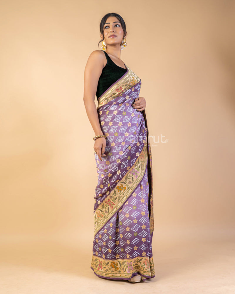 Dusty Lavender Silk Bandhani Saree With Zari Woven Pallu