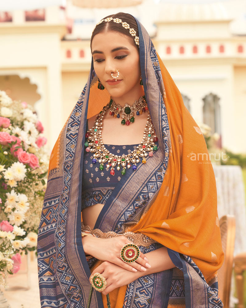 Dusty Orange Ikat Printed Art Silk Saree With Contrast Pallu