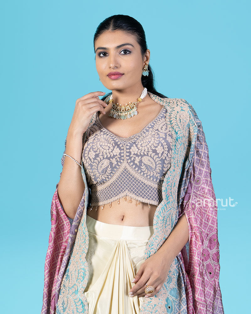 Dusty Lavender Crop Top with Vibrant Cape and Cream Draped Skirt 02
