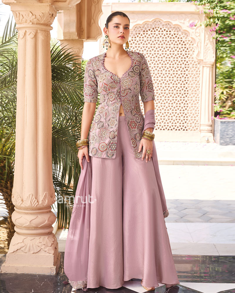 Dusty Lavender Printed with Cut Dana and Sequin Embellished Palazzo Suit 01