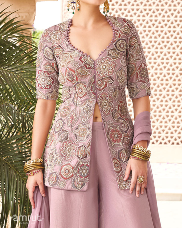 Dusty Lavender Printed with Cut Dana and Sequin Embellished Palazzo Suit 03