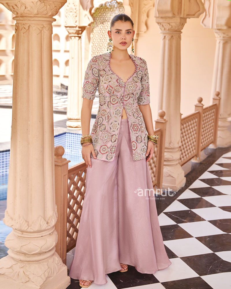 Dusty Lavender Printed with Cut Dana and Sequin Embellished Palazzo Suit 04