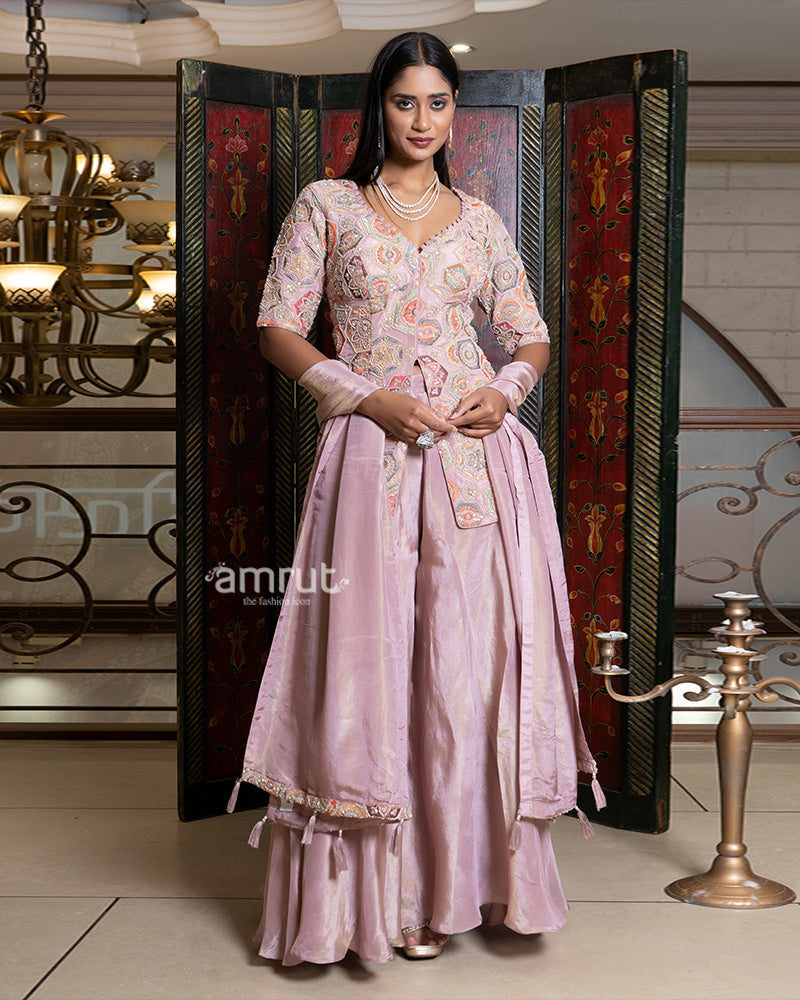 Dusty Pink Palazzo Suit with Embroidered Peplum Top 01