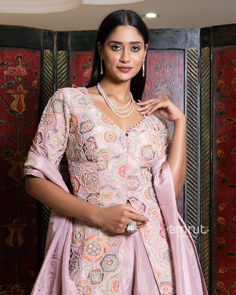 Dusty Pink Palazzo Suit with Embroidered Peplum Top 02