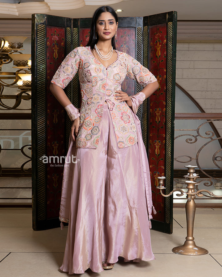 Dusty Pink Palazzo Suit with Embroidered Peplum Top 04