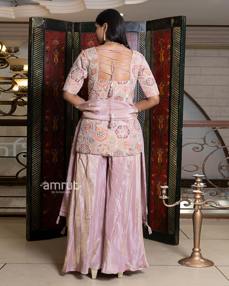 Dusty Pink Palazzo Suit with Embroidered Peplum Top 05