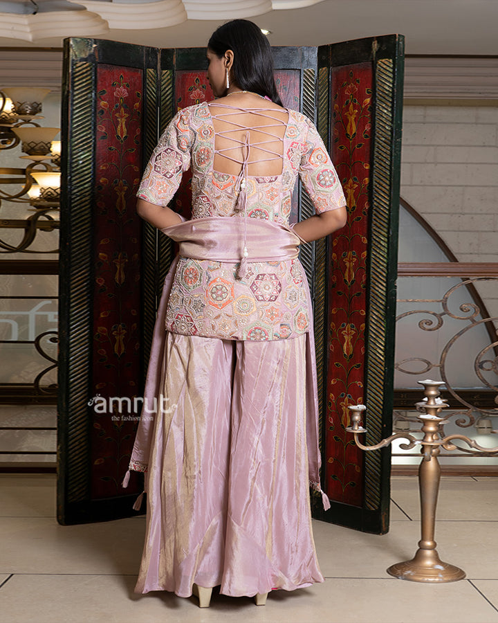 Dusty Pink Palazzo Suit with Embroidered Peplum Top 05