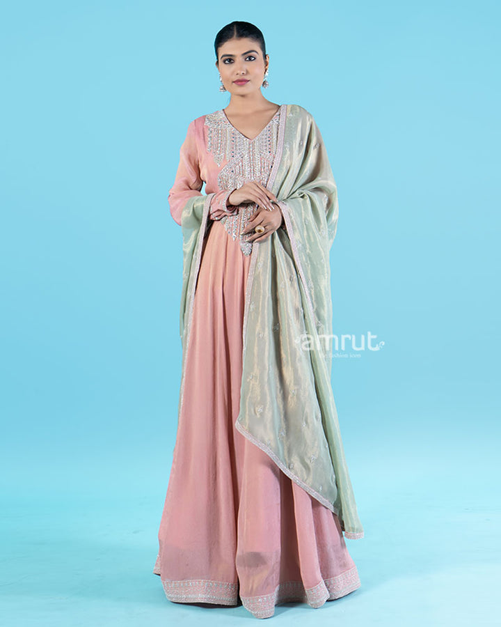 Dusty Rose Beaded Embellished Gown with Sage Green Dupatta 001