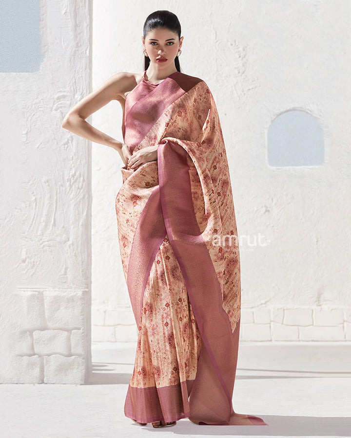 Dusty Rose Floral-Print Cream Silk Saree with Unstitched Blouse 01