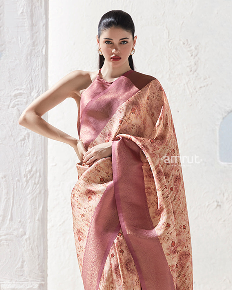 Dusty Rose Floral-Print Cream Silk Saree with Unstitched Blouse 02