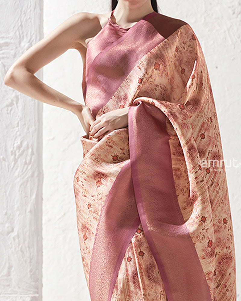 Dusty Rose Floral-Print Cream Silk Saree with Unstitched Blouse 03