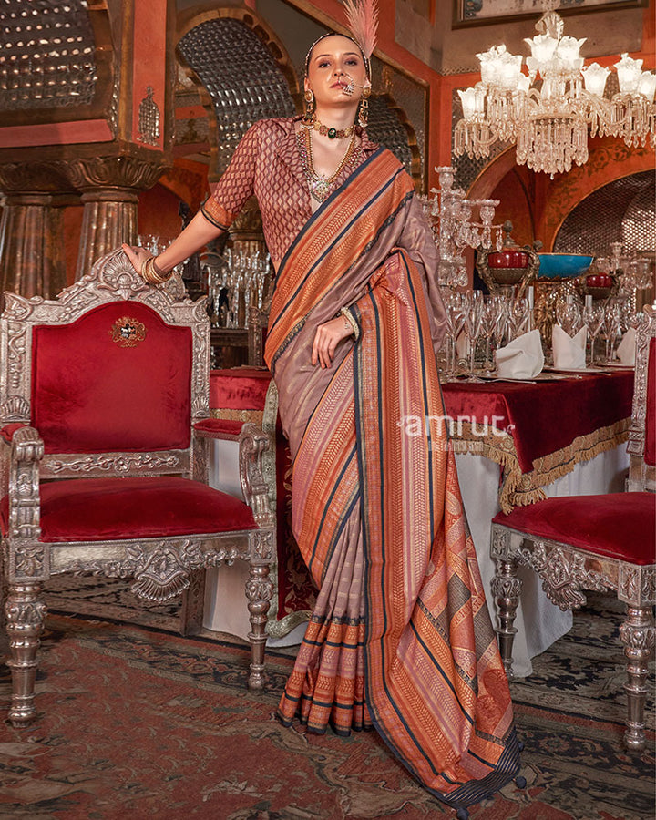 Dusty Rose Kanjivaram Silk Saree with Unstitched Blouse 01