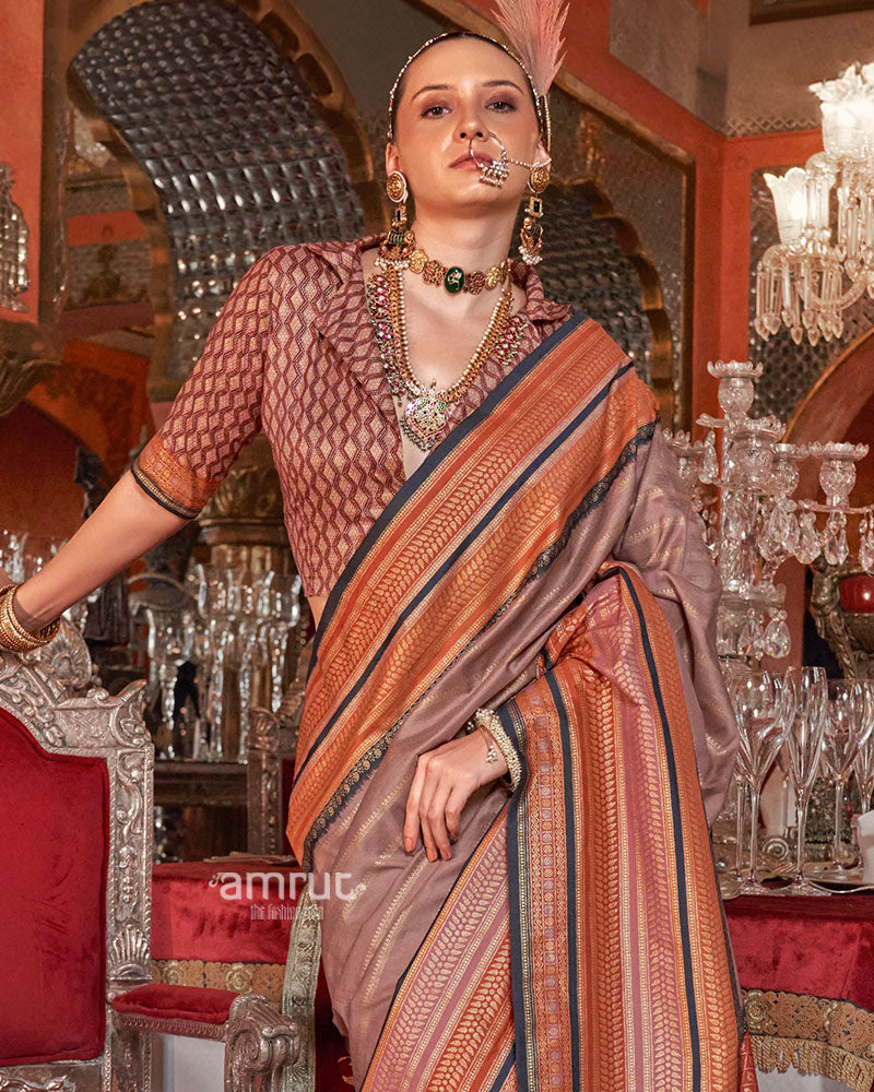 Dusty Rose Kanjivaram Silk Saree with Unstitched Blouse 02
