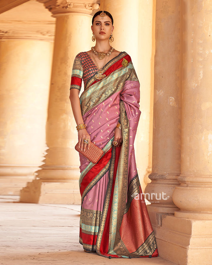Dusty Rose with Deep Red and  Mint Green Borders Printed Patola Silk Saree with Unstitched Blouse 01