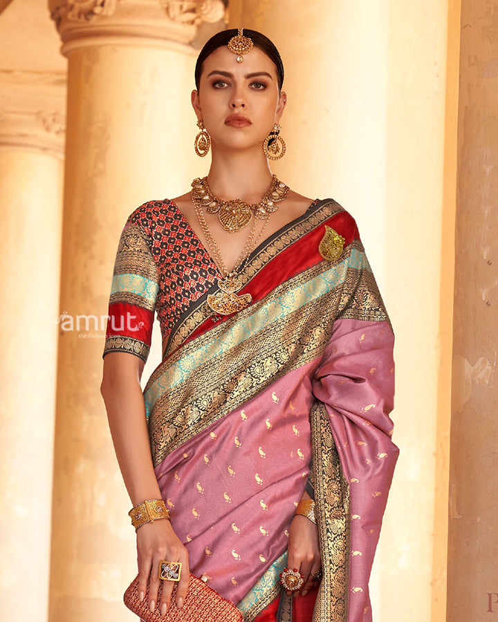 Dusty Rose with Deep Red and  Mint Green Borders Printed Patola Silk Saree with Unstitched Blouse 02
