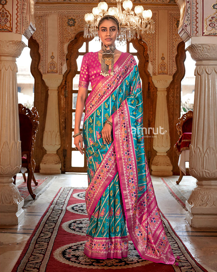 Electric Blue Patola Printed Silk Saree with Unstitched Blouse 01